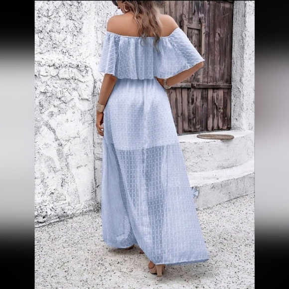 Women's Off Shoulder Swiss Polka Dot High Slit Dress Maxi Vacation Beach Outfit - Picture 4 of 5